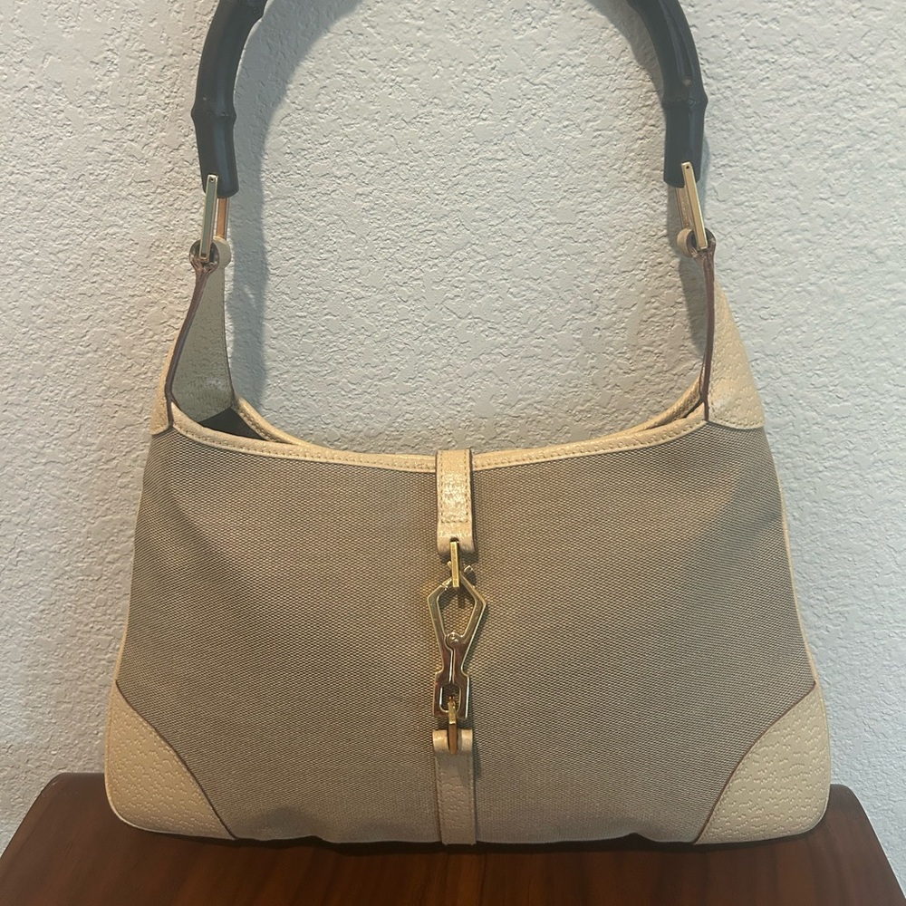 Gucci Jackie Beige Canvas Shoulder Bag with Bamboo Handle with COA